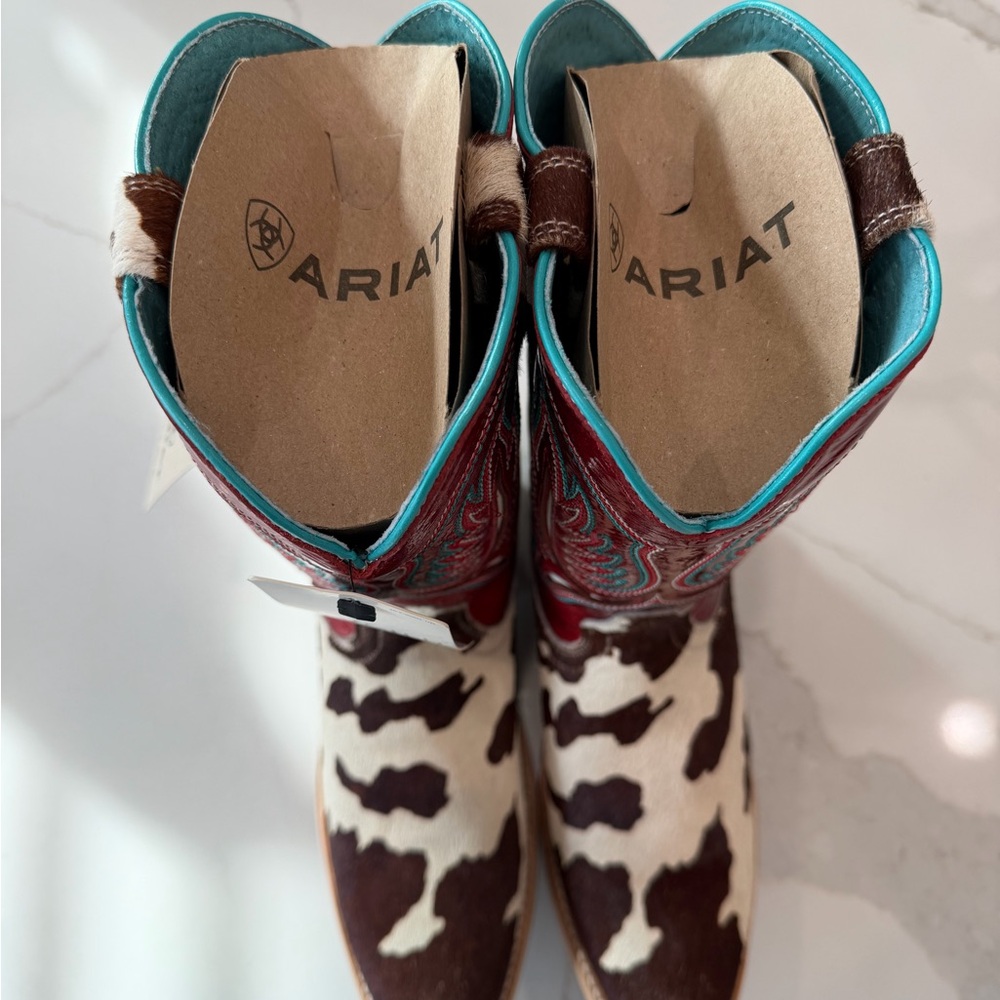 Ariat Brown and White Cowhide Leather Heeled Boots with Turquoise Lining